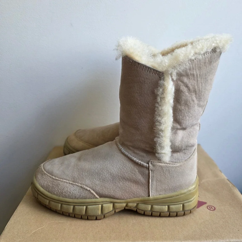 Aussie Dogs Tan‎ Suede Sheepskin Fur Lined Mid Calf Winter Boots Womens